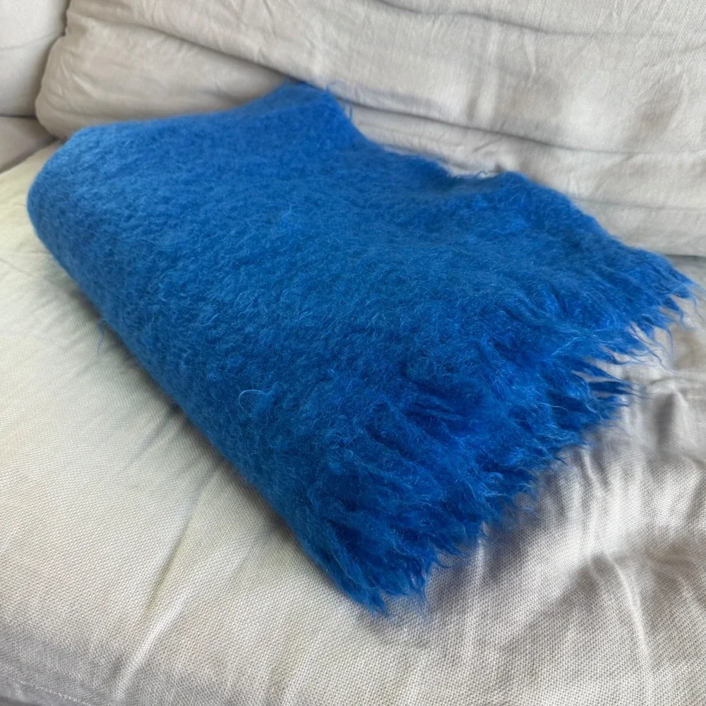 South African Mohair Fringe End Blanket in Blue